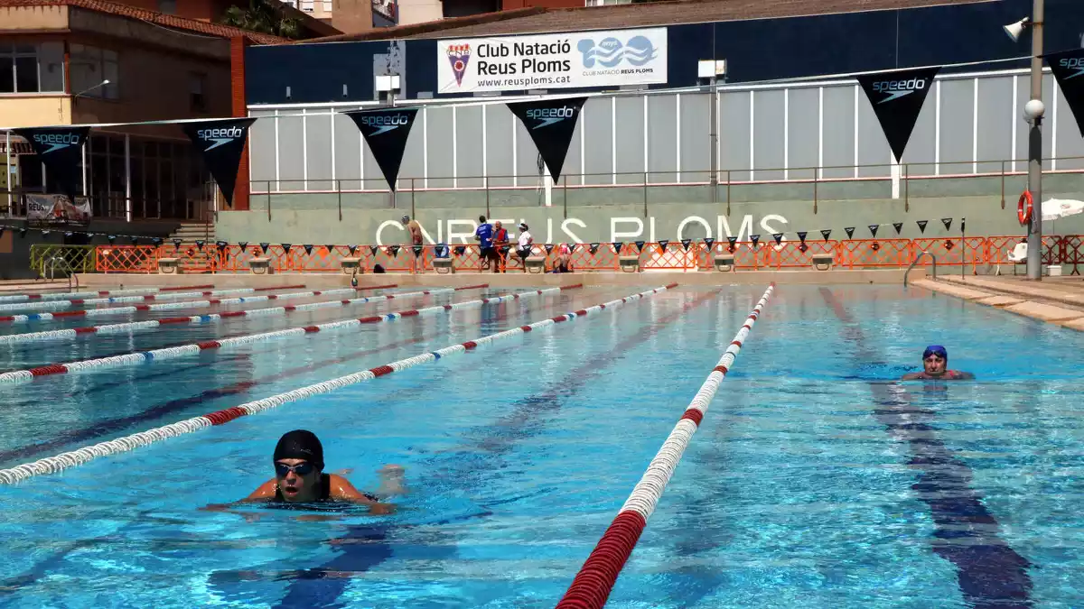 Pla obert de dues dones nedant a la piscina exterior de 50 metres del Club Natació Reus Ploms.